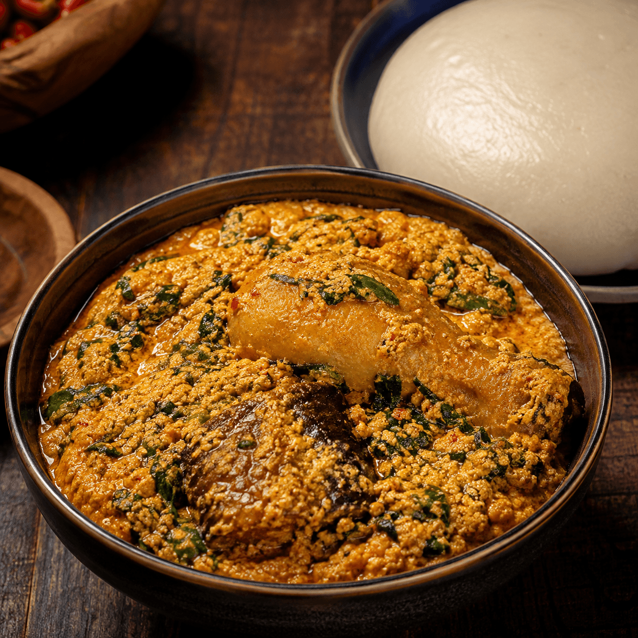 Egusi Soup, 2 proteins & Fufu or Eba